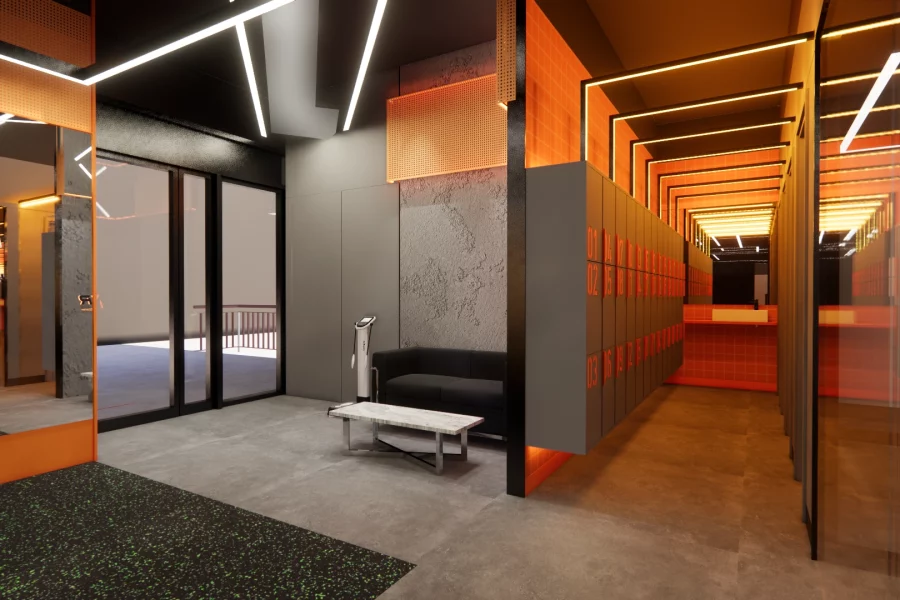 A gym with orange and black walls and equipment designed by an interior designer. 這是一家由室內設計師打造的健身房,擁有橘色和黑色的牆壁以及設備。